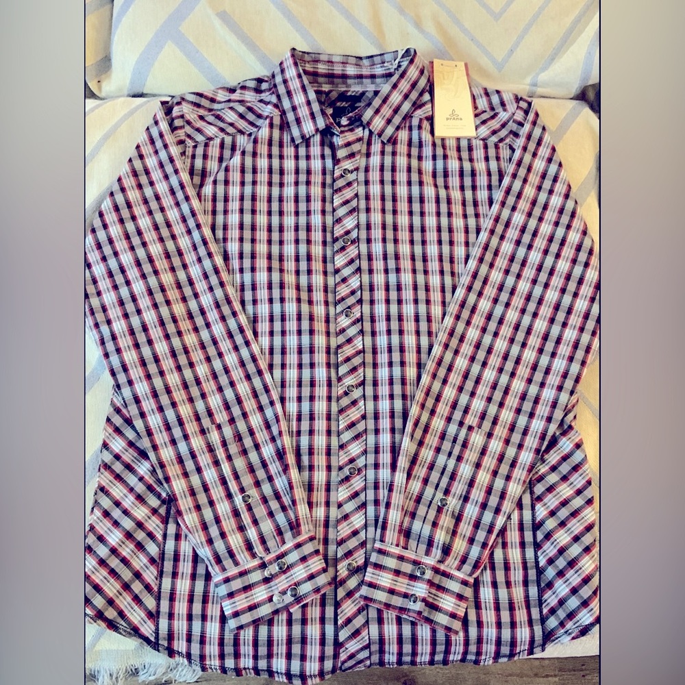Prana Red and Blue Plaid Casual Button Down Shirt